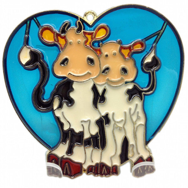 Blue Cuddling Cows Heart Shaped Sun Catcher - Blue, Collectibles, Decorations, General Gift, Heart, Home & Garden, Red, Sun Catchers