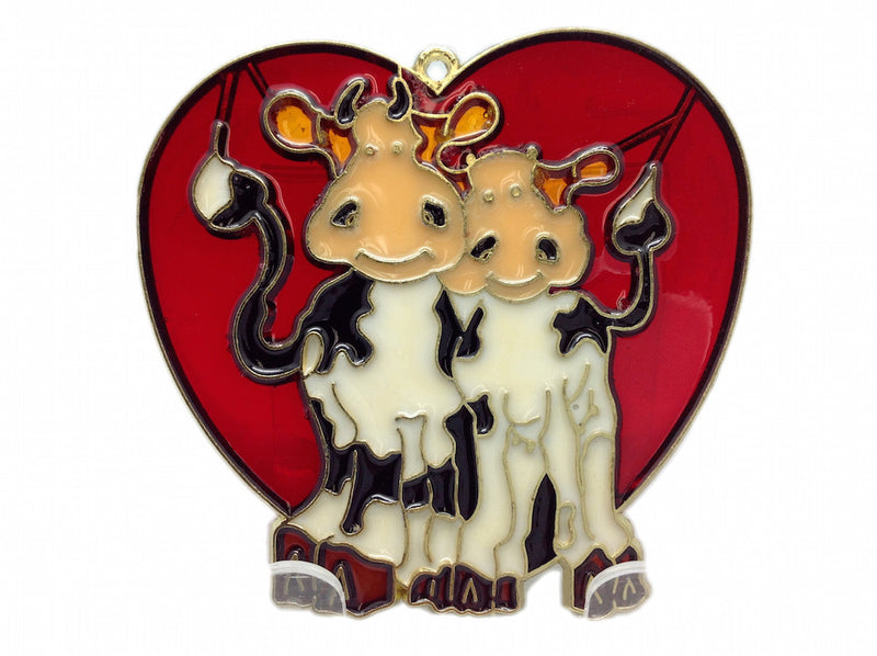 Red Heart Shaped Cuddling Cows Sun Catcher - Blue, Collectibles, Decorations, General Gift, Heart, Home & Garden, Red, Sun Catchers
