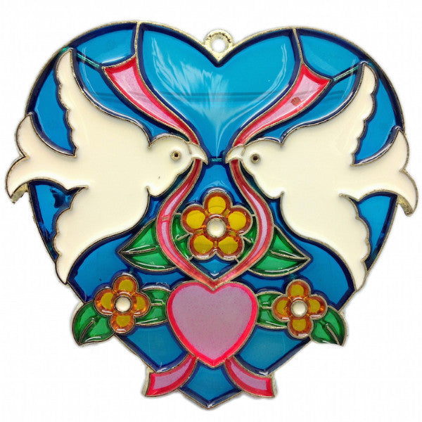 Blue Kissing Lovebirds Heart Shaped Sun Catcher - Blue, Collectibles, Decorations, General Gift, Heart, Home & Garden, Kissing Couple, Red, Sun Catchers