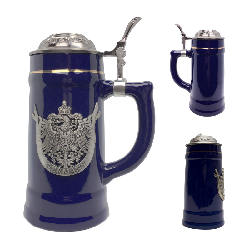 .75L Eagle Cobalt Blue Medallion Lidded German Beer Stein