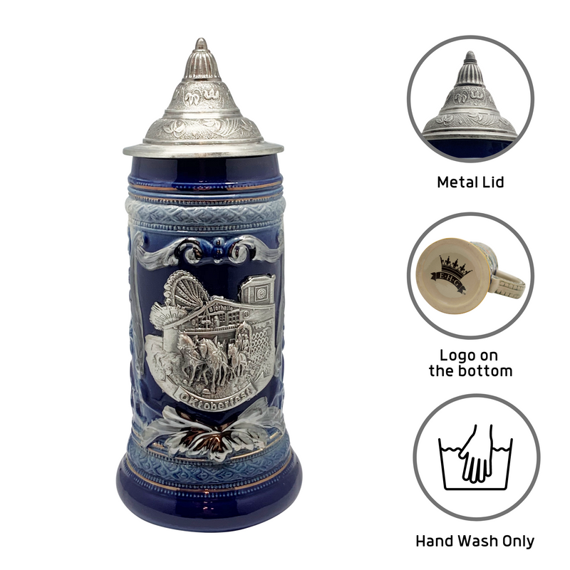 Cobalt Blue Oktoberfest Beer Mug with Engraved Metal Lid and Festival Metal Medallion of German Wagon & Draft Horses