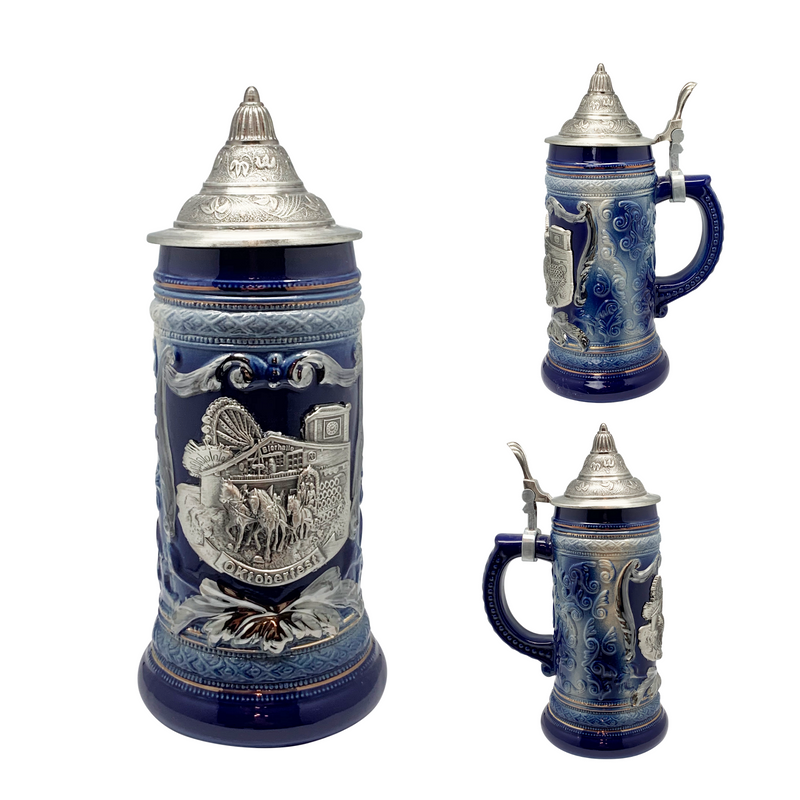 Cobalt Blue Oktoberfest Beer Mug with Engraved Metal Lid and Festival Metal Medallion of German Wagon & Draft Horses