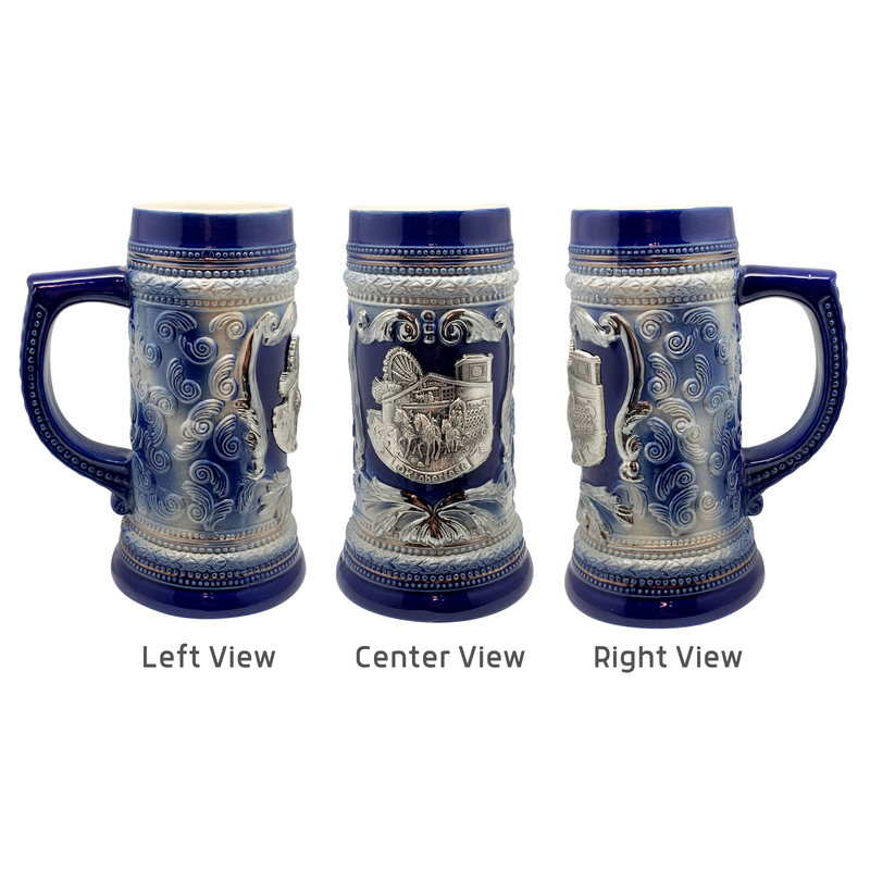 Cobalt Blue Oktoberfest Beer Mug with Engraved Festival Metal Medallion of German Wagon & Draft Horses