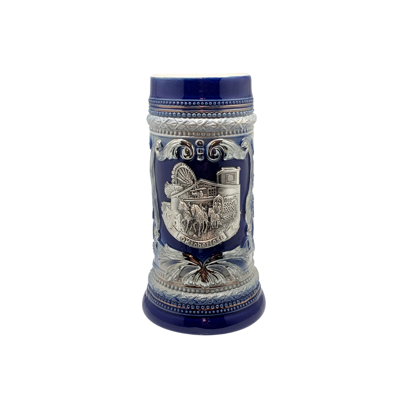 Cobalt Blue Oktoberfest Beer Mug with Engraved Festival Metal Medallion of German Wagon & Draft Horses