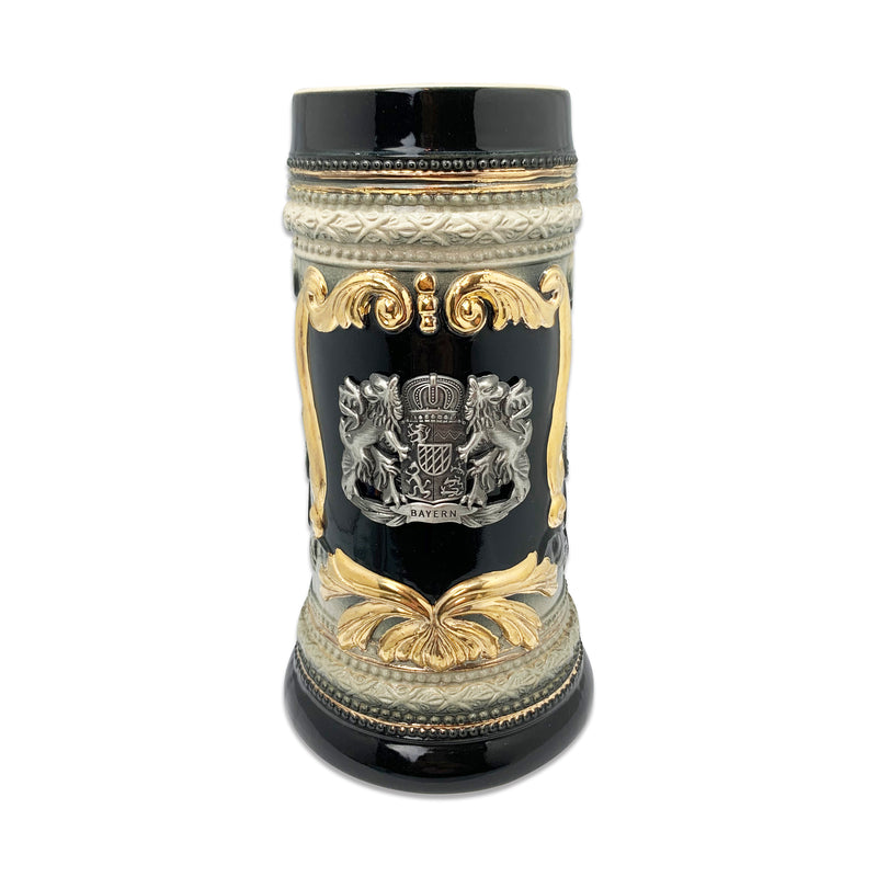 Charcoal Black Ceramic Stein Mug with Bayern Germany Coat of Arms Engraved Metal Medallion