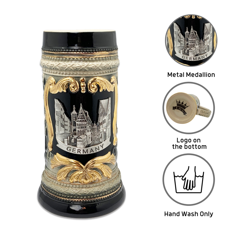 Charcoal Black Deluxe Ceramic Beer Stein Mug with Deutschland Germany Village Scene Engraved Metal Medallion