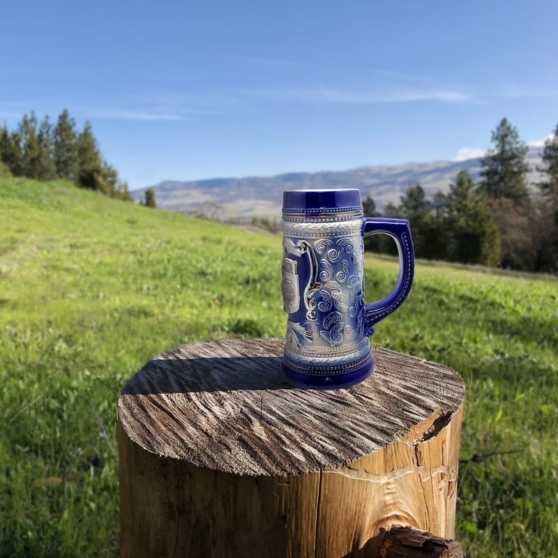 Cobalt Blue Oktoberfest Beer Mug with Engraved Festival Metal Medallion of German Wagon & Draft Horses