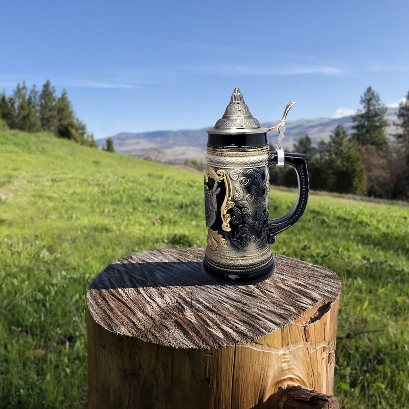 Charcoal Black Germany Eagle Ceramic Stein Mug with Metal Medallion and Engraved Metal Lid