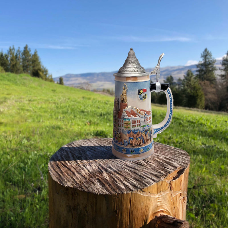 Oktoberfest & Edelweiss Deluxe Collectible Ceramic Beer Stein with Ornate Metal Lid