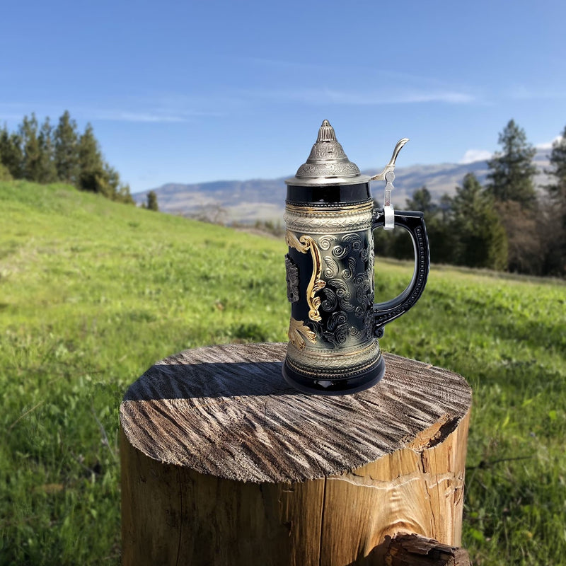 Black Ceramic Stein Mug with Bayern Germany Coat of Arms Engraved Metal Medallion and Ornate Metal Lid