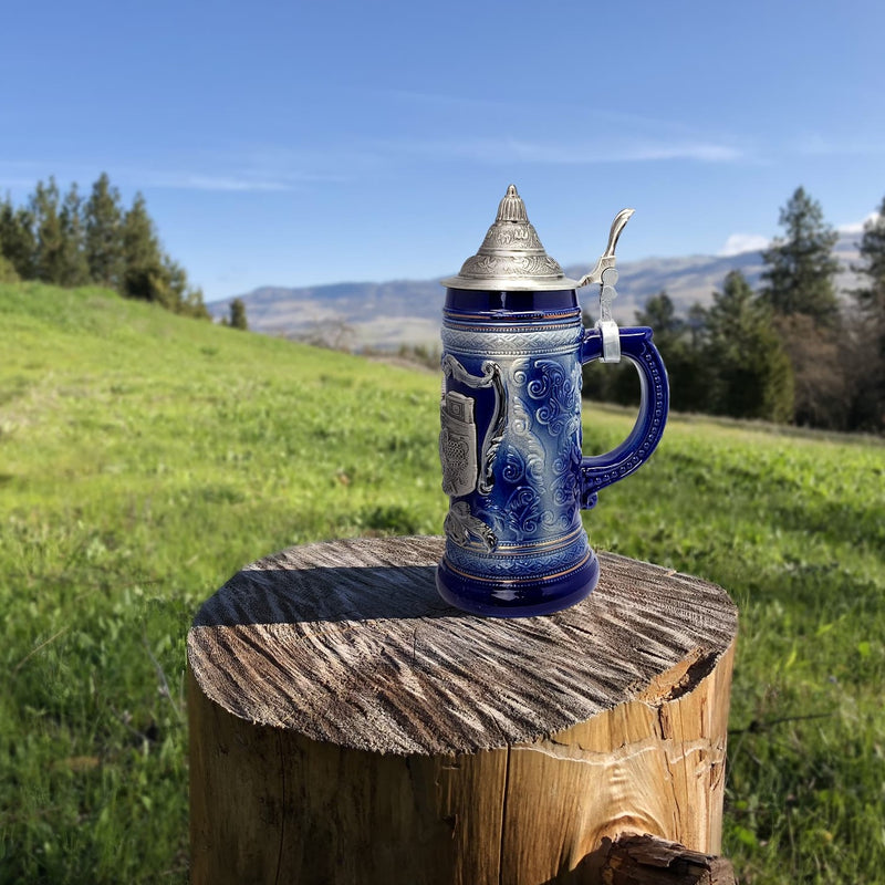 Cobalt Blue Oktoberfest Beer Mug with Engraved Metal Lid and Festival Metal Medallion of German Wagon & Draft Horses