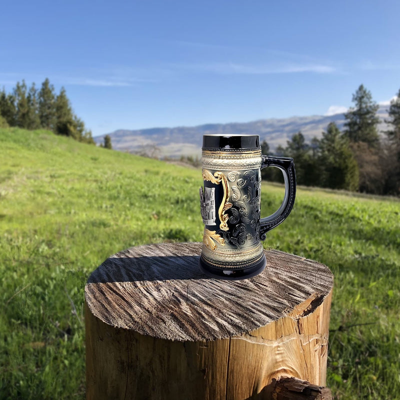 Charcoal Black Oktoberfest Beer Mug with Engraved Festival Metal Medallion of German Wagon & Draft Horses