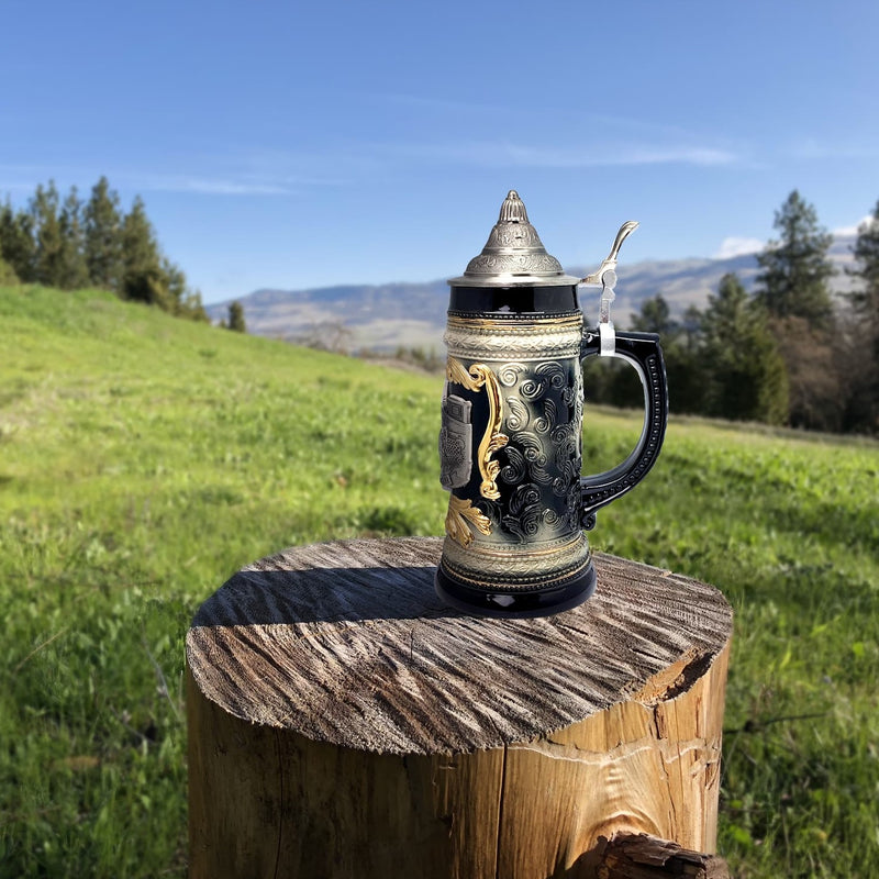 Oktoberfest Beer Mug with Engraved Metal Lid and Festival Metal Medallion of German Wagon & Draft Horses