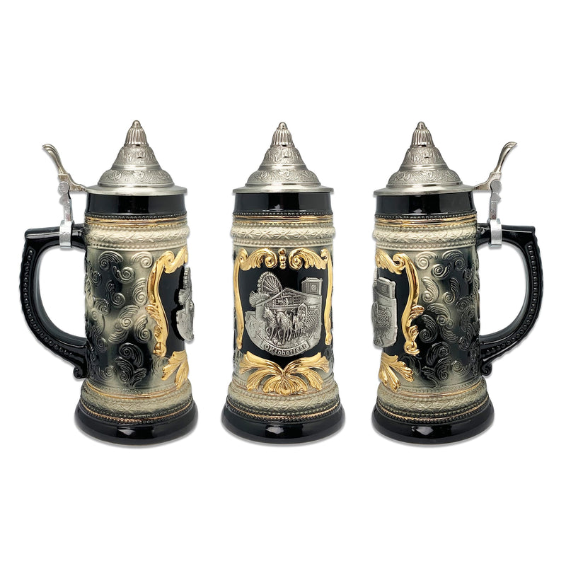 Oktoberfest Beer Mug with Engraved Metal Lid and Festival Metal Medallion of German Wagon & Draft Horses