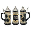 Black Ceramic Stein Mug with Bayern Germany Coat of Arms Engraved Metal Medallion and Ornate Metal Lid