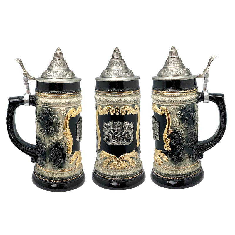 Black Ceramic Stein Mug with Bayern Germany Coat of Arms Engraved Metal Medallion and Ornate Metal Lid