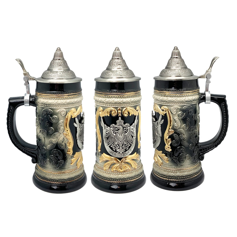 Charcoal Black Germany Eagle Ceramic Stein Mug with Metal Medallion and Engraved Metal Lid