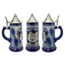 Cobalt Blue Oktoberfest Beer Mug with Engraved Metal Lid and Festival Metal Medallion of German Wagon & Draft Horses