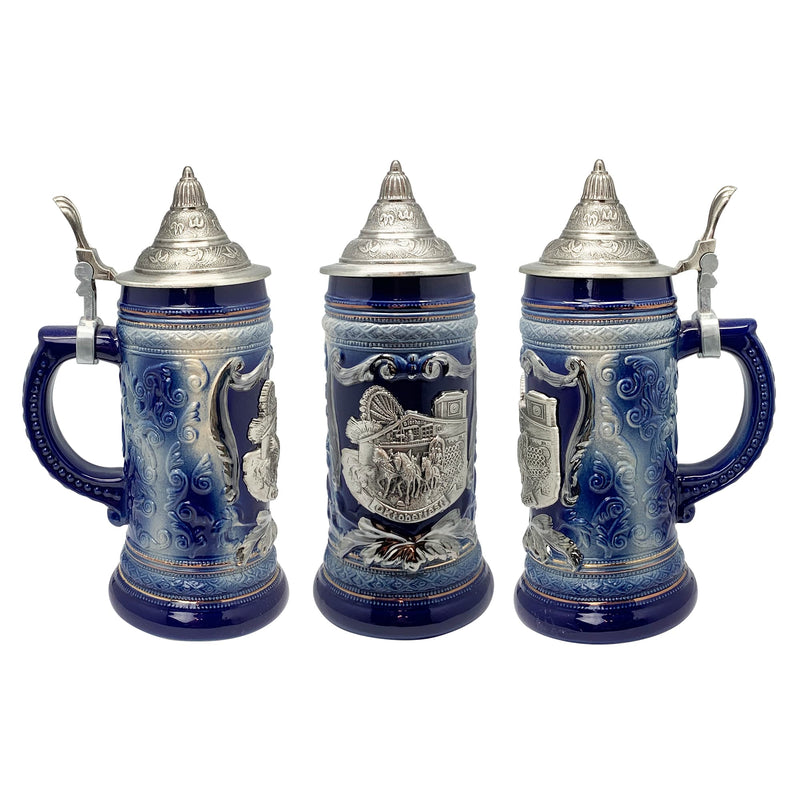 Cobalt Blue Oktoberfest Beer Mug with Engraved Metal Lid and Festival Metal Medallion of German Wagon & Draft Horses