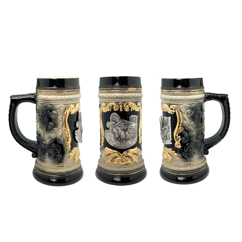 Charcoal Black Oktoberfest Beer Mug with Engraved Festival Metal Medallion of German Wagon & Draft Horses