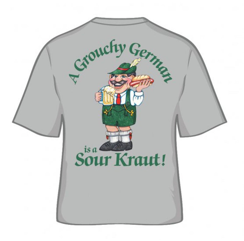 German Tee Shirt  inchesA Grouchy German Is A Sour Kraut inches - Apparel- T Shirts, Apparel-Costumes, Apparel-Shirt-German, German, Germany, Grey, M, Size, SY: Grouchy German, Top-GRMN-B, XXL, XXXL