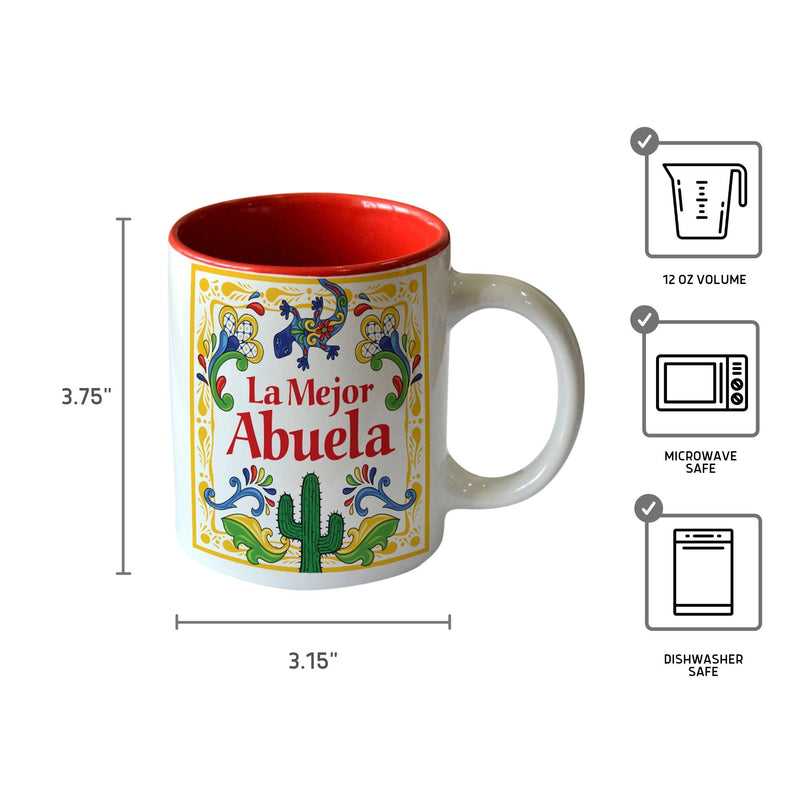 Provide a Spanish accent to your home, or share the love with your family and friends with this charming ceramic coffee mug.  This product features the saying: ""El Mejor Abuela" (Grandma is the Greatest in English) with colorful artwork, including a gecko motif.  