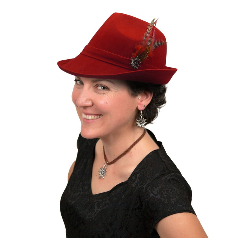 "German Hunter" Red Hat Fedora And Edelweiss & Feather Hat Pin