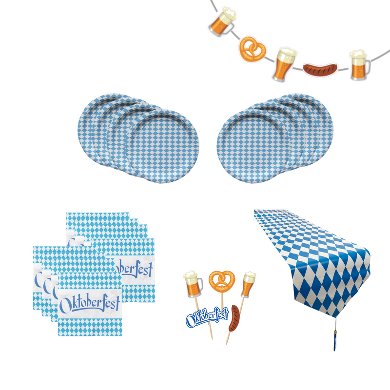 Deluxe All-in-One Lite Oktoberfest Party Pack Bundle with Bavarian Themed Plastic Table Runner, Plates, Napkins, Oktoberfest Foods Themed Banner